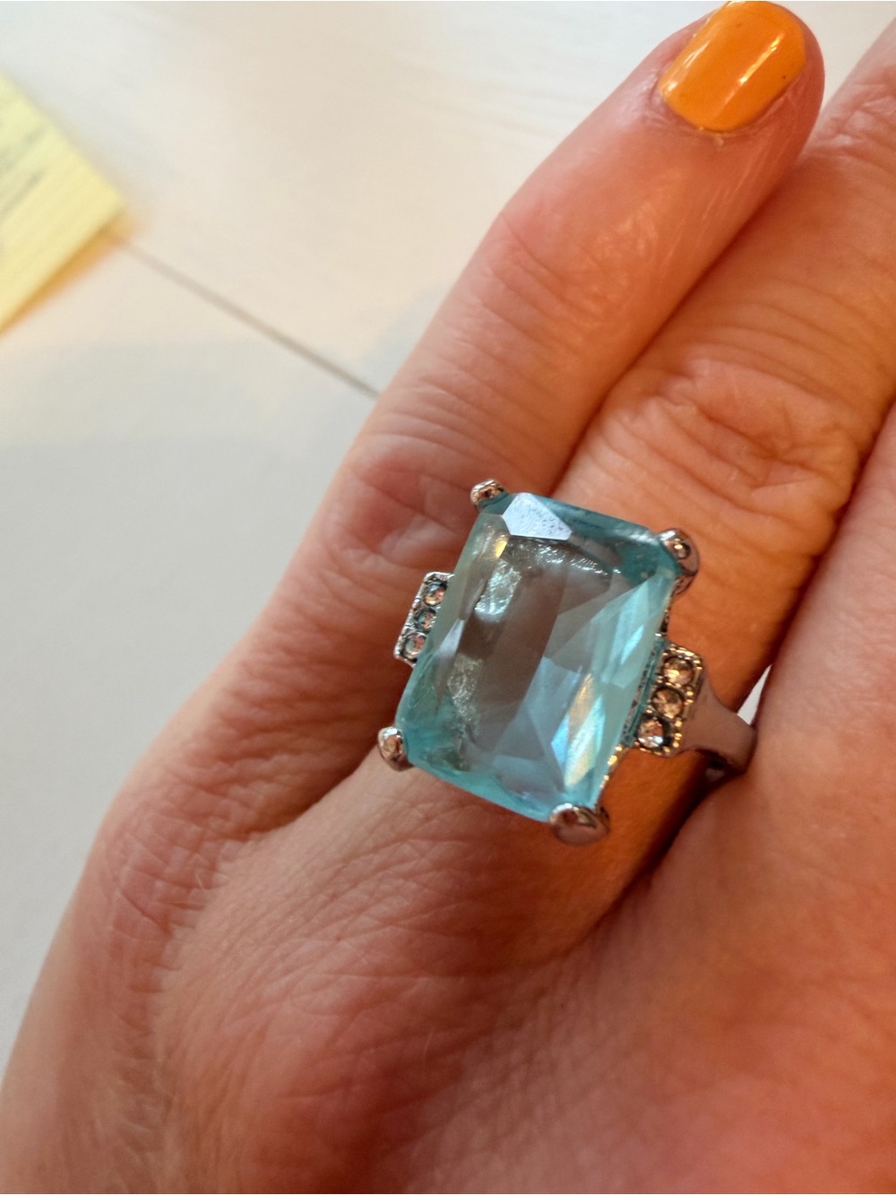 Vintage Silver Blue Aquamarine Ring with Pave Stones on each Side